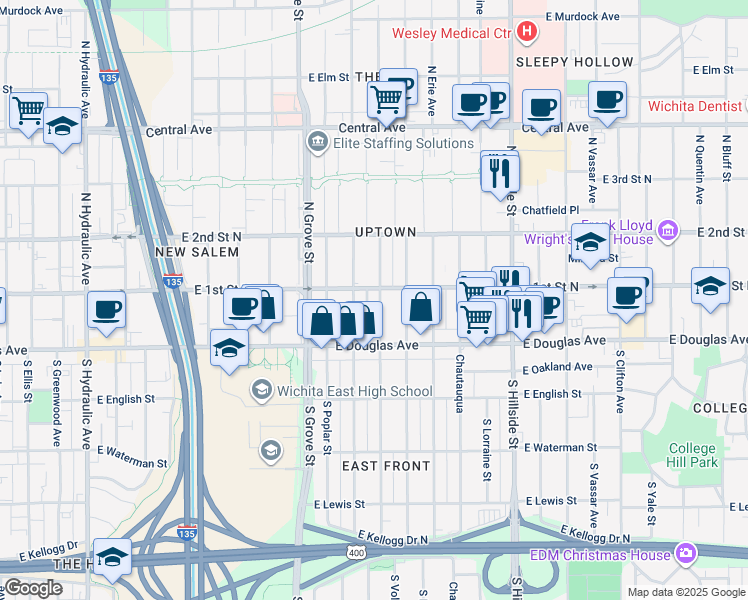 map of restaurants, bars, coffee shops, grocery stores, and more near 129 North Estelle Street in Wichita