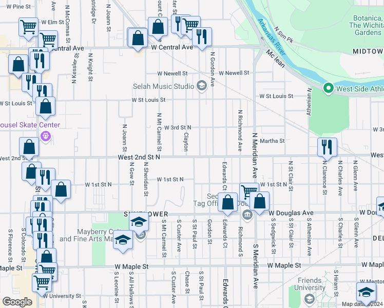 map of restaurants, bars, coffee shops, grocery stores, and more near 3059-3099 W 2nd St N in Wichita