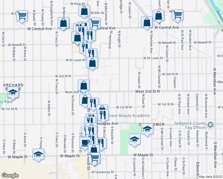 map of restaurants, bars, coffee shops, grocery stores, and more near 3536 West 2nd Street North in Wichita