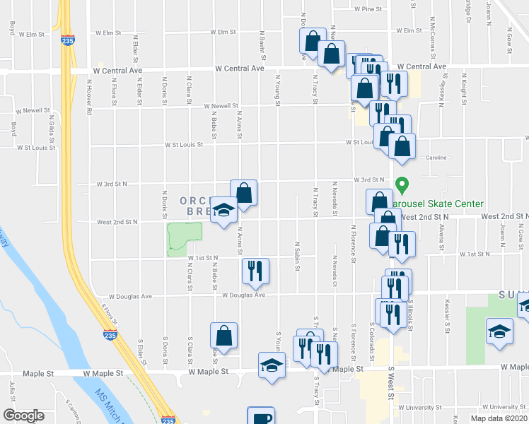 map of restaurants, bars, coffee shops, grocery stores, and more near 301 North Young Street in Wichita