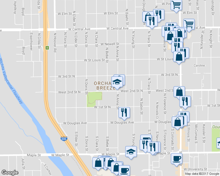 map of restaurants, bars, coffee shops, grocery stores, and more near 4828 West 2nd Street North in Wichita