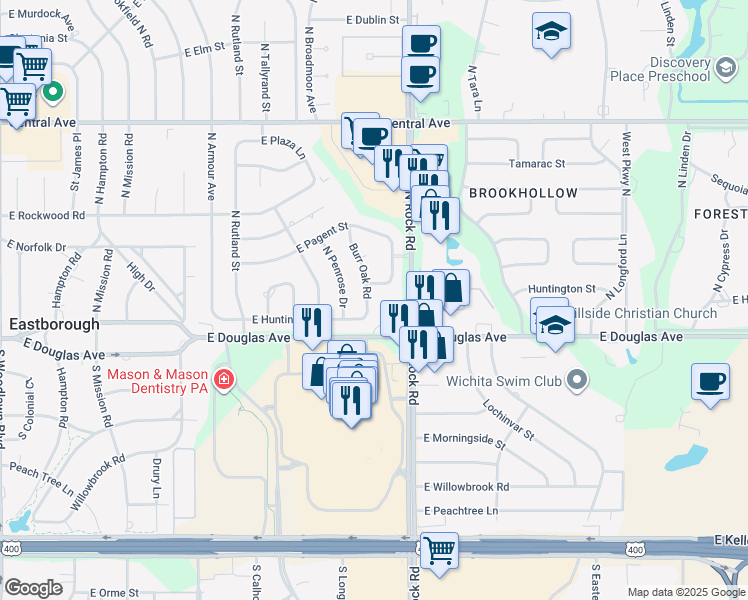 map of restaurants, bars, coffee shops, grocery stores, and more near 116 Burr Oak Road in Wichita