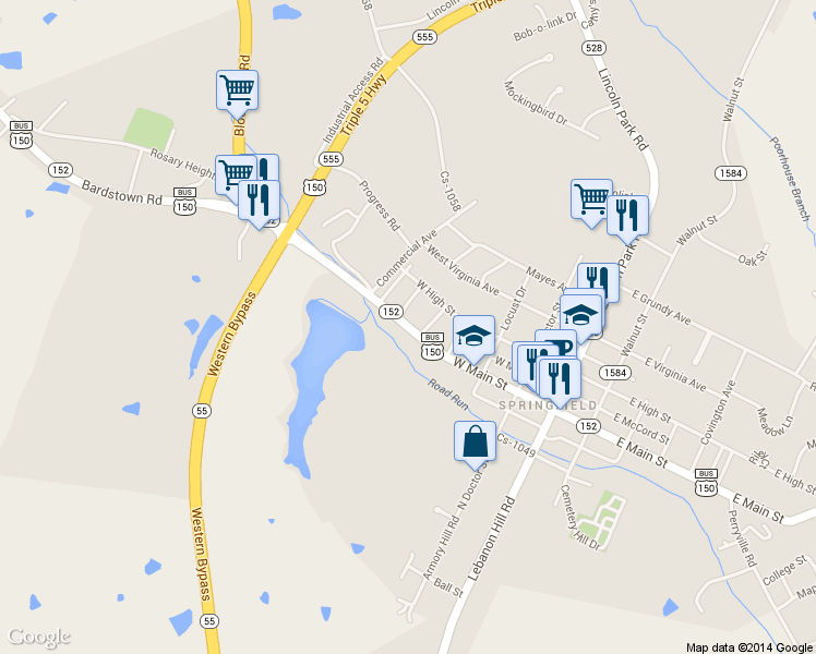 map of restaurants, bars, coffee shops, grocery stores, and more near W Main St in Springfield