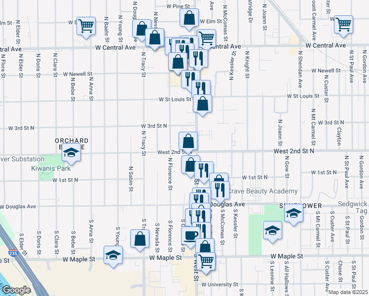 map of restaurants, bars, coffee shops, grocery stores, and more near 4142 West 2nd Street North in Wichita