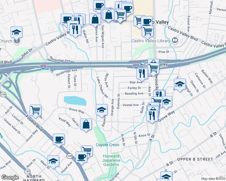 map of restaurants, bars, coffee shops, grocery stores, and more near Orange Ave & Rizzo Ave in Castro Valley