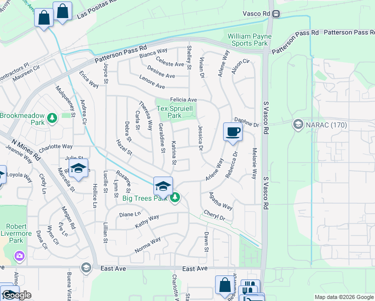 map of restaurants, bars, coffee shops, grocery stores, and more near 5451 Delia Way in Livermore