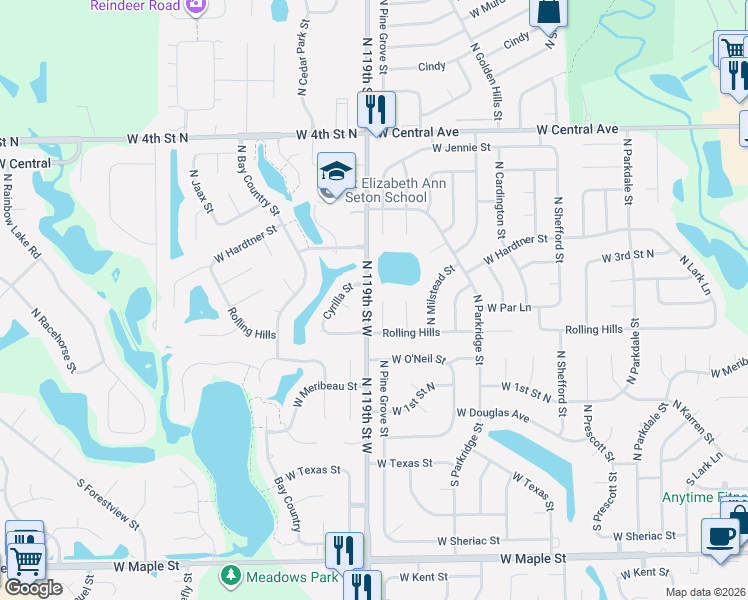map of restaurants, bars, coffee shops, grocery stores, and more near 328-398 North 119th Street West in Wichita