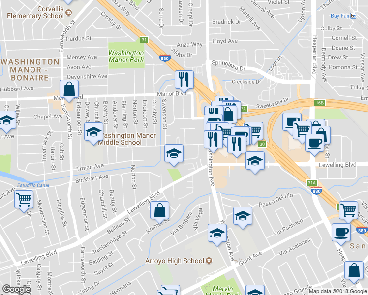map of restaurants, bars, coffee shops, grocery stores, and more near 740 Fargo Avenue in San Leandro
