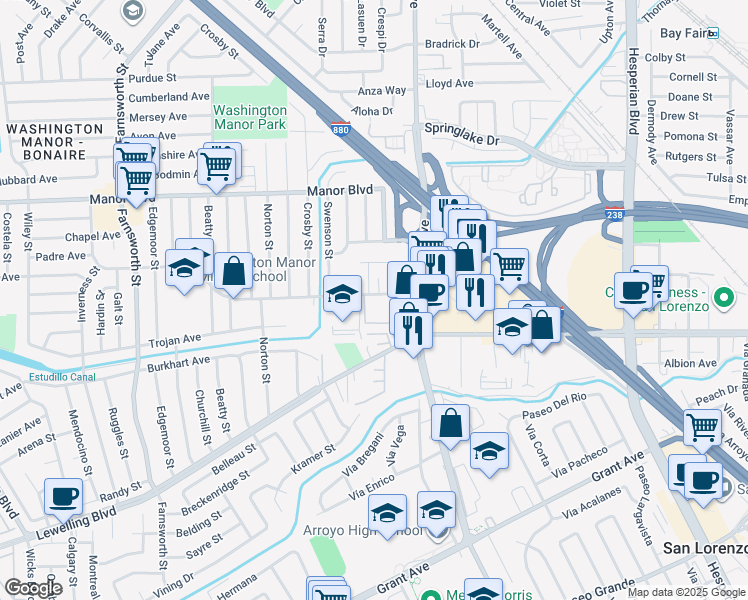 map of restaurants, bars, coffee shops, grocery stores, and more near 700 Fargo Avenue in San Leandro