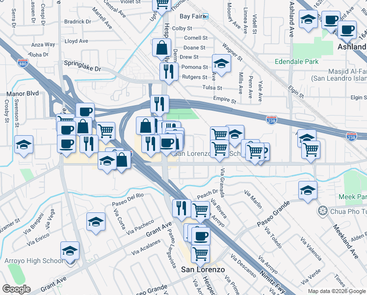 map of restaurants, bars, coffee shops, grocery stores, and more near 15558 Usher Street in San Lorenzo