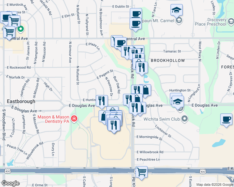 map of restaurants, bars, coffee shops, grocery stores, and more near 111 Burr Oak Road in Wichita