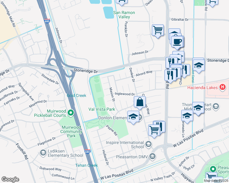 map of restaurants, bars, coffee shops, grocery stores, and more near 6586 Inglewood Drive in Pleasanton