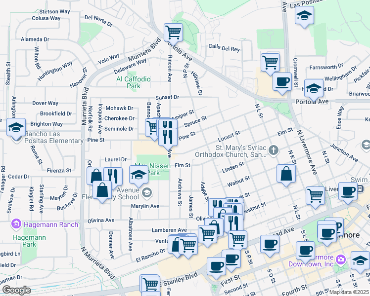 map of restaurants, bars, coffee shops, grocery stores, and more near 1244 Locust Street in Livermore