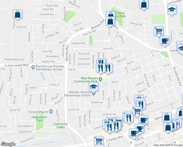 map of restaurants, bars, coffee shops, grocery stores, and more near 847 Crane Ave in Livermore