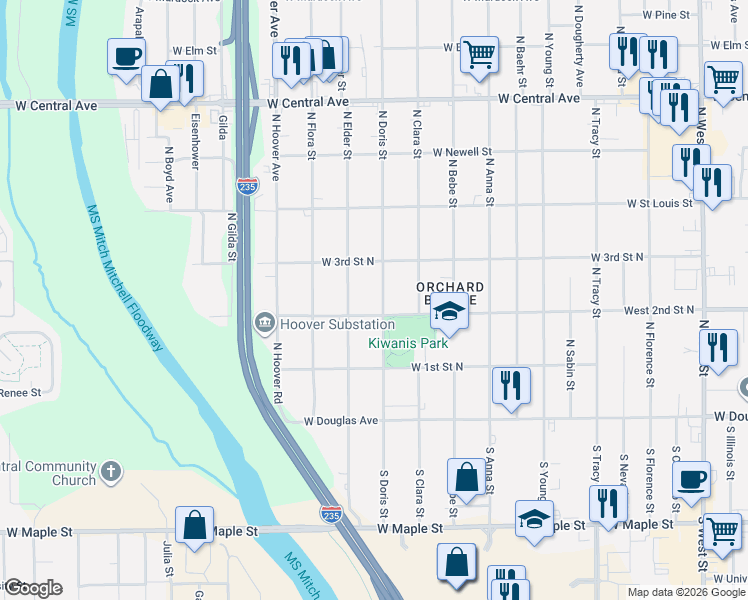 map of restaurants, bars, coffee shops, grocery stores, and more near 5220 West 2nd Street North in Wichita