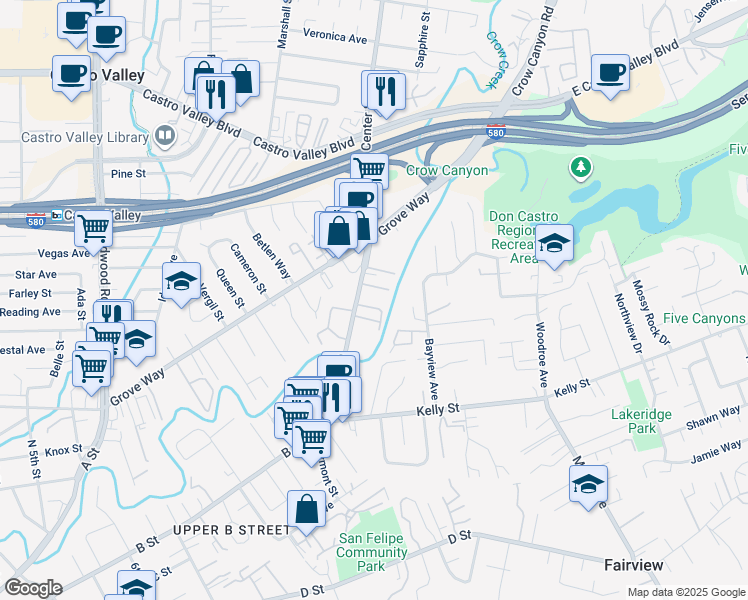 map of restaurants, bars, coffee shops, grocery stores, and more near 22240 Center Street in Castro Valley