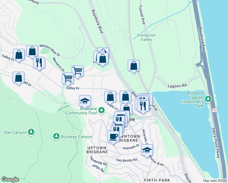 map of restaurants, bars, coffee shops, grocery stores, and more near 246 Valley Drive in Brisbane