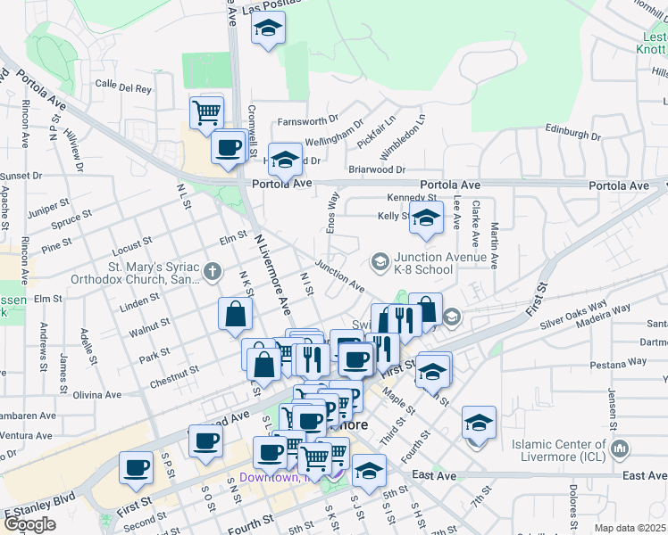 map of restaurants, bars, coffee shops, grocery stores, and more near 434 Junction Avenue in Livermore