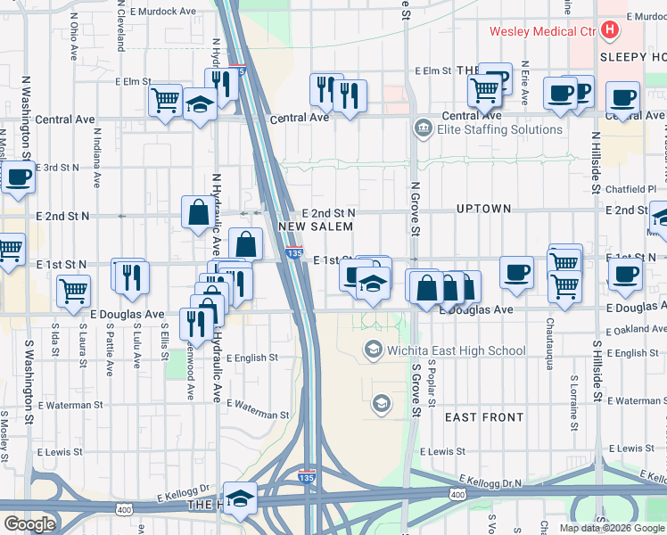 map of restaurants, bars, coffee shops, grocery stores, and more near 135 North Madison Avenue in Wichita