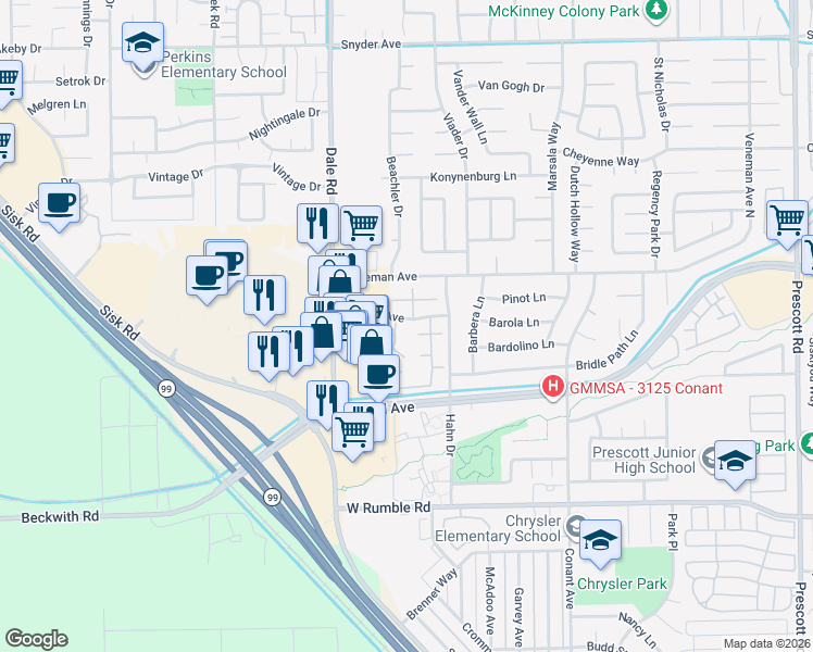 map of restaurants, bars, coffee shops, grocery stores, and more near 2800 Braden Avenue in Modesto