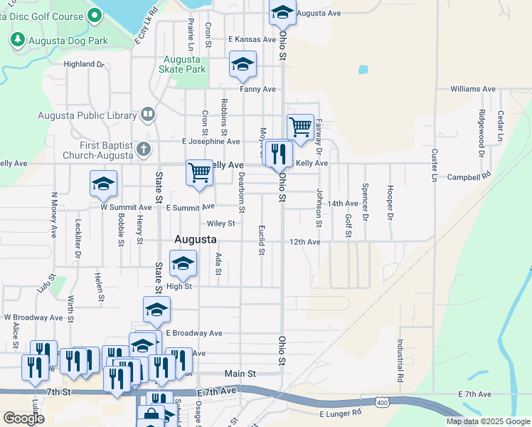 map of restaurants, bars, coffee shops, grocery stores, and more near 1225 Ohio St in Augusta