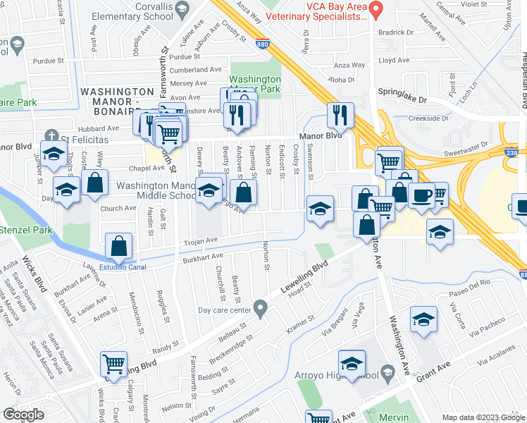 map of restaurants, bars, coffee shops, grocery stores, and more near 998 Fargo Avenue in San Leandro