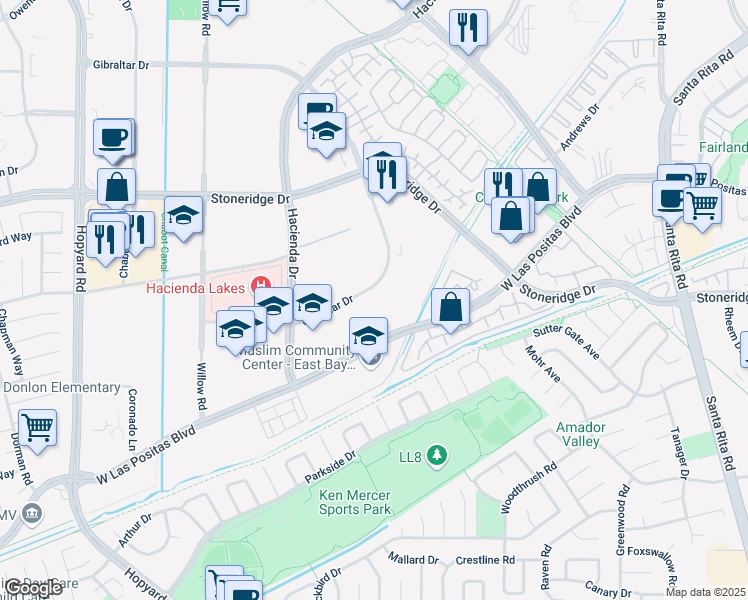 map of restaurants, bars, coffee shops, grocery stores, and more near 5735 West Las Positas Boulevard in Pleasanton