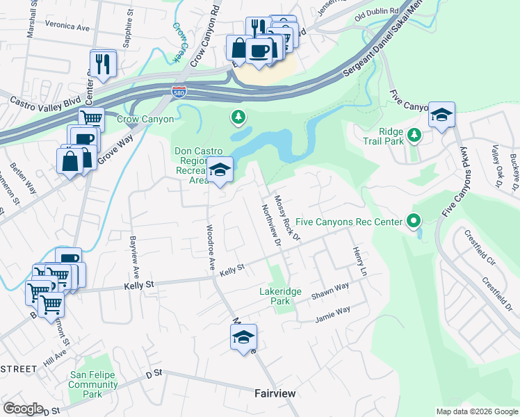 map of restaurants, bars, coffee shops, grocery stores, and more near 22555 Northview Drive in Hayward