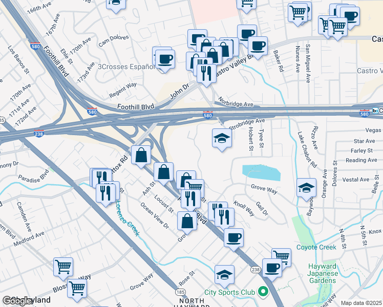 map of restaurants, bars, coffee shops, grocery stores, and more near 21103 Gary Drive in Hayward