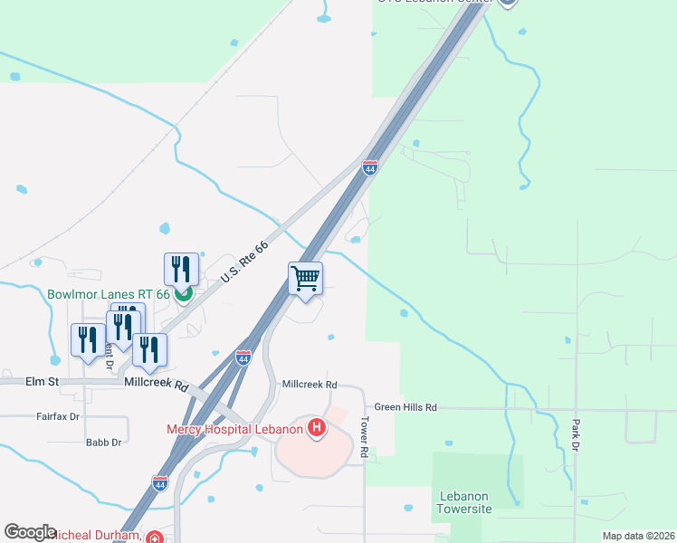 map of restaurants, bars, coffee shops, grocery stores, and more near 306 Highway Mm in Lebanon