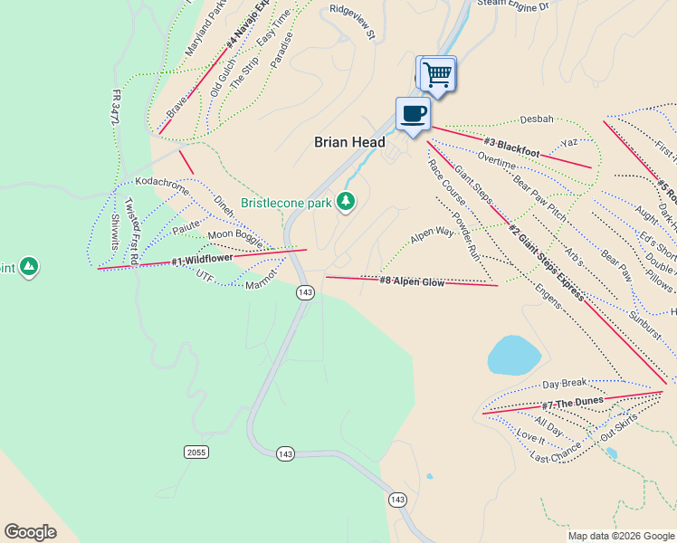 map of restaurants, bars, coffee shops, grocery stores, and more near 651 South Snowflake Lane in Brian Head