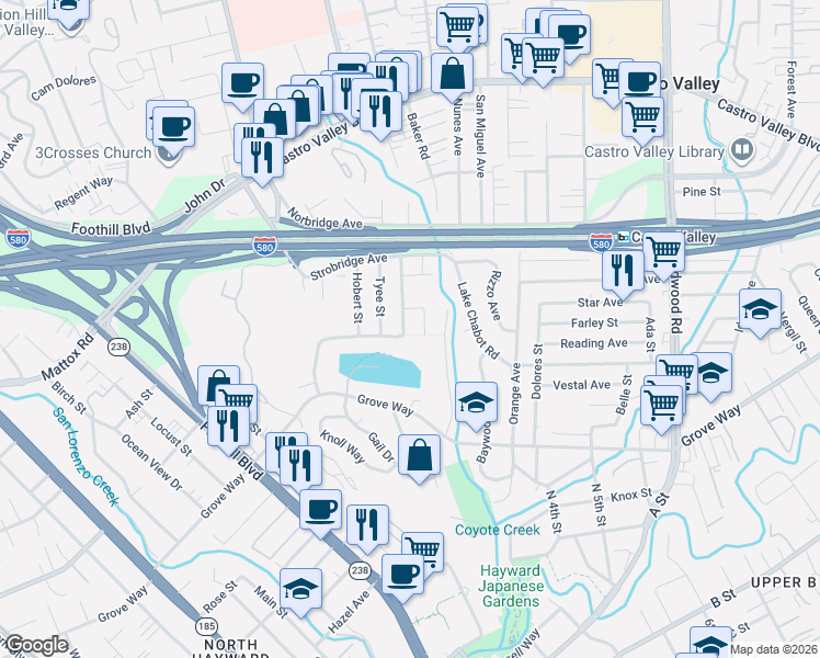 map of restaurants, bars, coffee shops, grocery stores, and more near 21487 Outlook Court in Castro Valley