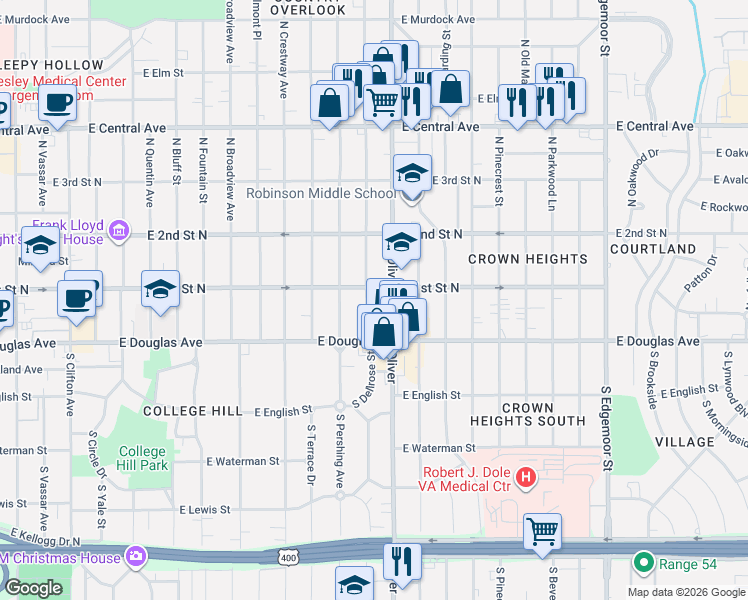 map of restaurants, bars, coffee shops, grocery stores, and more near 139 North Oliver Street in Wichita