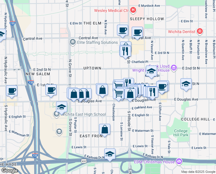 map of restaurants, bars, coffee shops, grocery stores, and more near 128 1/2 North Erie Street in Wichita