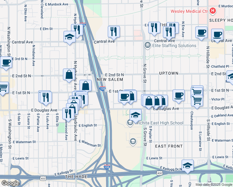 map of restaurants, bars, coffee shops, grocery stores, and more near 135 North Madison Avenue in Wichita