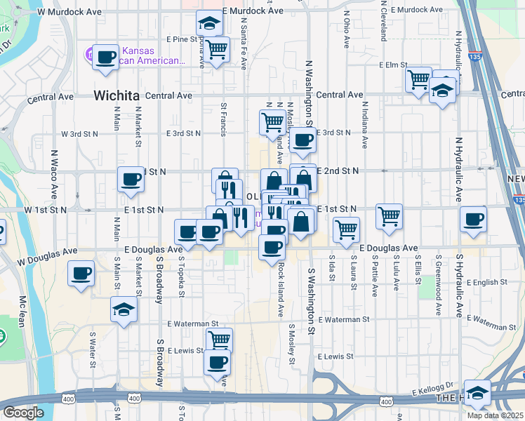 map of restaurants, bars, coffee shops, grocery stores, and more near 142 North Mead in Wichita