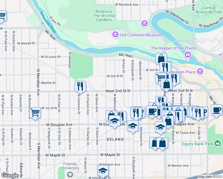 map of restaurants, bars, coffee shops, grocery stores, and more near 255 Millwood North in Wichita
