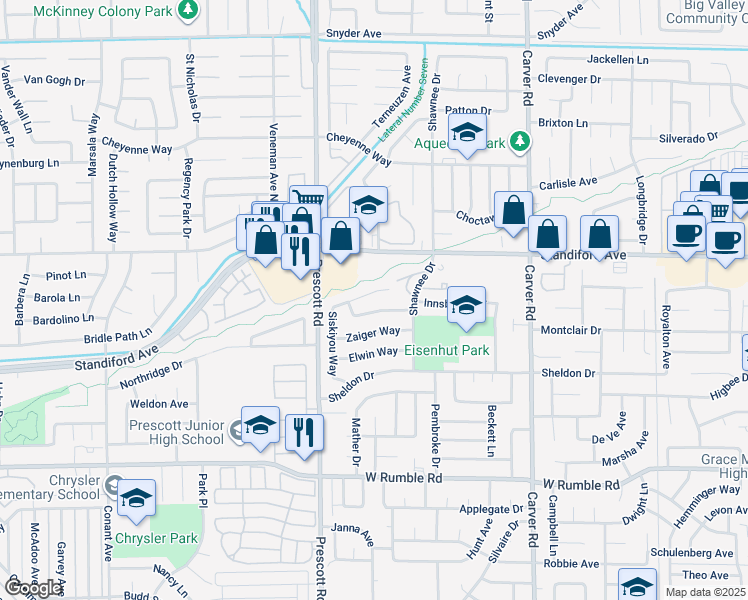 map of restaurants, bars, coffee shops, grocery stores, and more near 2020 Mendocino Way in Modesto