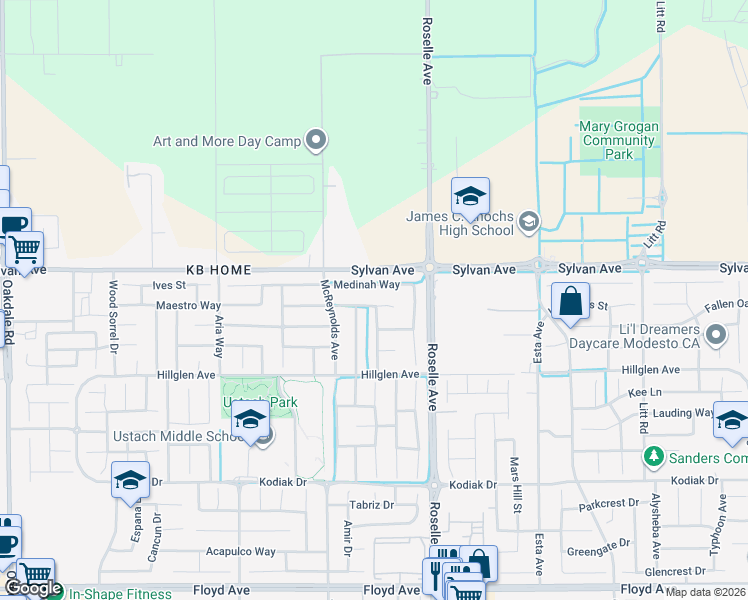 map of restaurants, bars, coffee shops, grocery stores, and more near 3412 Palliser Way in Modesto