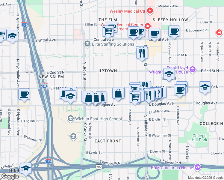 map of restaurants, bars, coffee shops, grocery stores, and more near 157 North Volutsia in Wichita