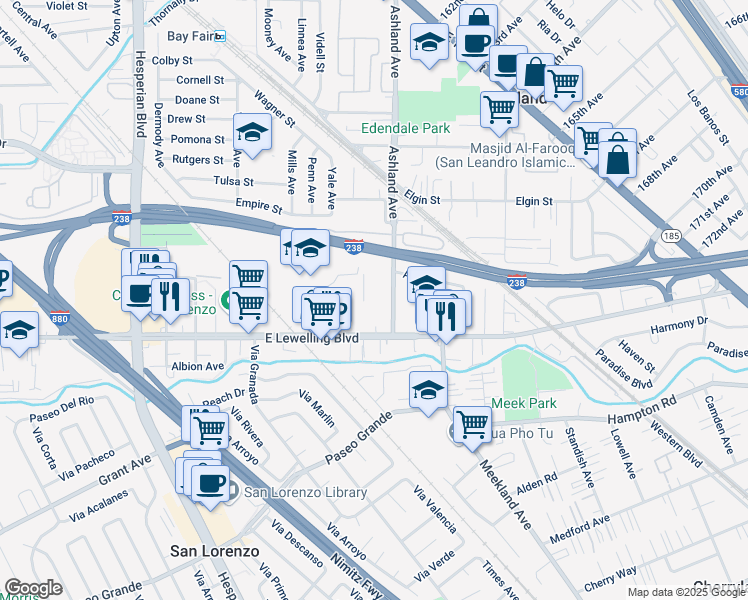 map of restaurants, bars, coffee shops, grocery stores, and more near 50 East Lewelling Boulevard in San Lorenzo