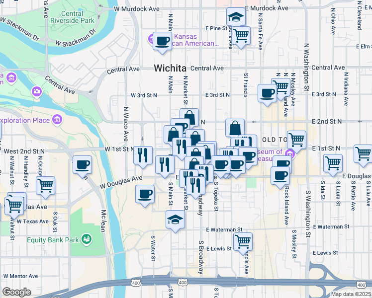 map of restaurants, bars, coffee shops, grocery stores, and more near 125 North Market Street in Wichita