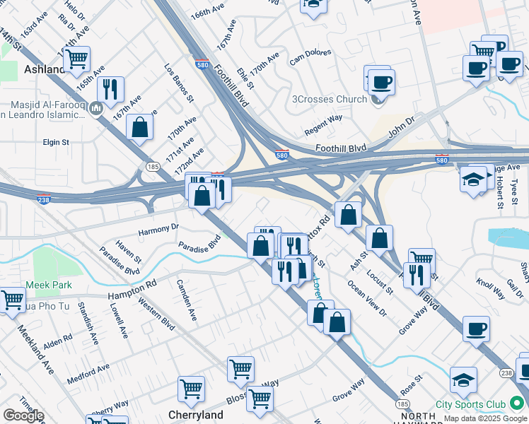 map of restaurants, bars, coffee shops, grocery stores, and more near 1251 Sandy Bridges Court in Hayward