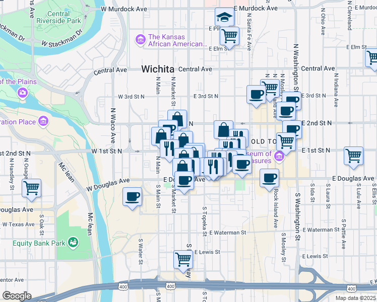 map of restaurants, bars, coffee shops, grocery stores, and more near 201 North Broadway in Wichita
