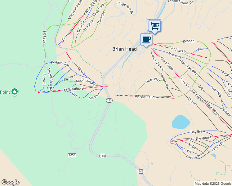 map of restaurants, bars, coffee shops, grocery stores, and more near 407 Vassels Road in Brian Head