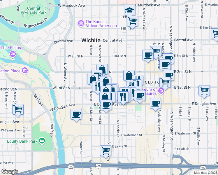 map of restaurants, bars, coffee shops, grocery stores, and more near 201 North Broadway in Wichita