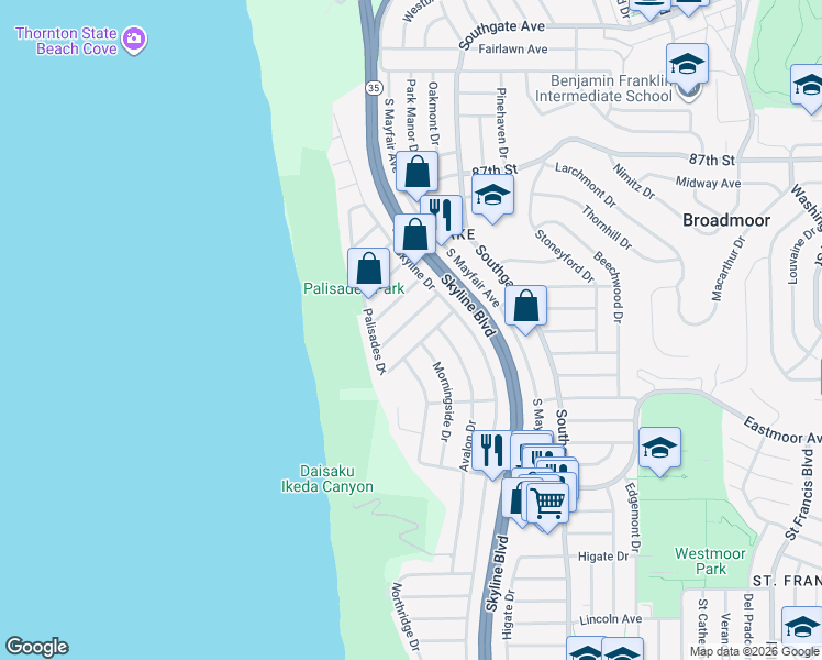 map of restaurants, bars, coffee shops, grocery stores, and more near 239 Palisades Drive in Daly City