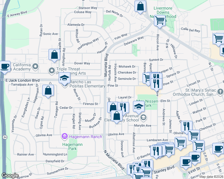map of restaurants, bars, coffee shops, grocery stores, and more near 775 Partridge Common in Livermore
