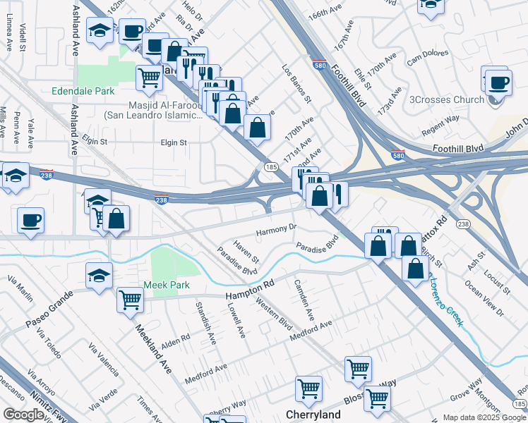 map of restaurants, bars, coffee shops, grocery stores, and more near 888 East Lewelling Boulevard in Hayward