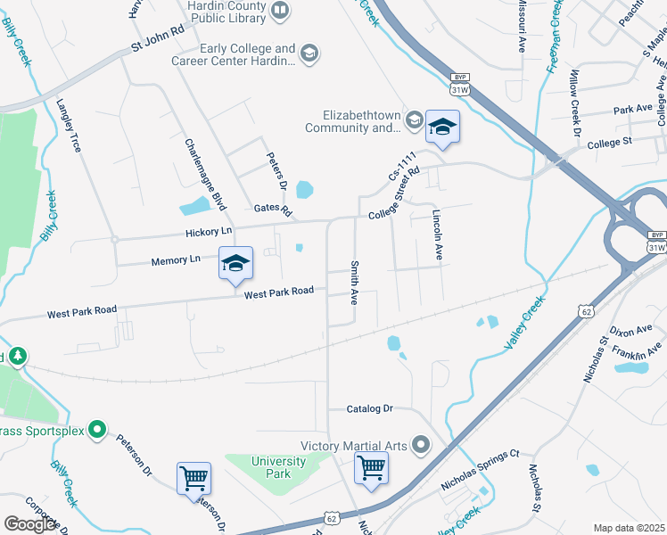 map of restaurants, bars, coffee shops, grocery stores, and more near 625 Mary Knoll Drive in Elizabethtown